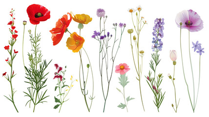 set of wild flowers isolated on transparent background