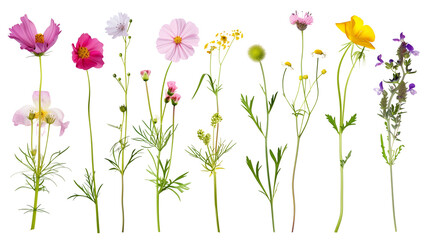 set of wild flowers isolated on transparent background