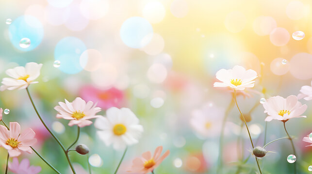 summer flowers on Blurred background with soft pastel colors, bokeh effect, bubbles and sparkles, pink green yellow white