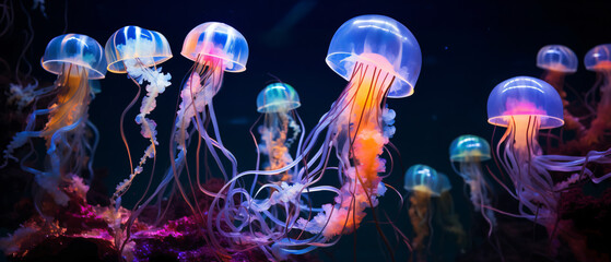 Fluorescent jellyfish in an underwater aquarium - obrazy, fototapety, plakaty