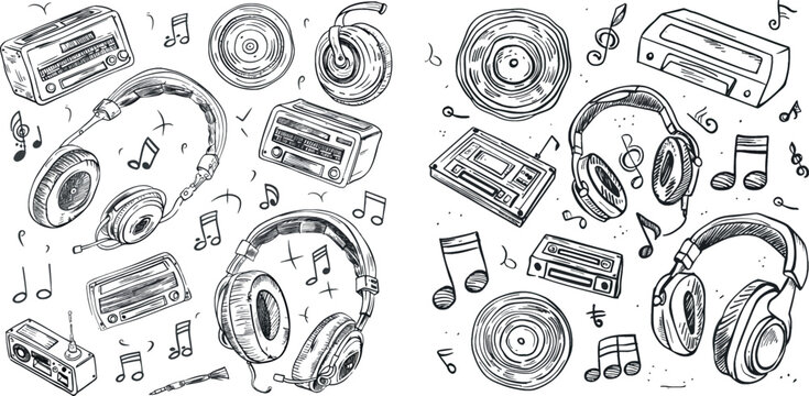 Linear headphones, audio speakers and scribble hand drawn notes vector set