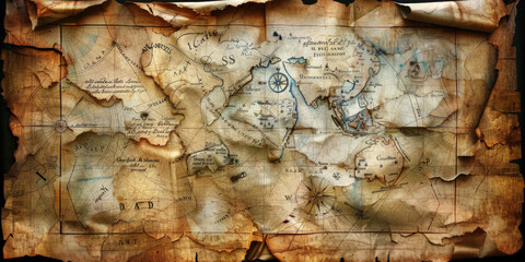 A weathered worn parchment map, ancient map