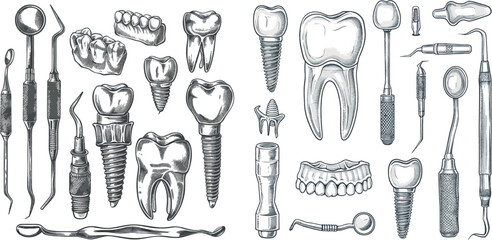 Professional dental tools, tooth with root and dental implant vintage vector illustration set