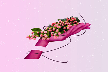 Composite 3d photo artwork image collage of hand show bunch wild berries green leaves collect sweet...