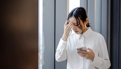 Upset stressed asian woman holding cellphone disgusted with message she received in office, Sad...
