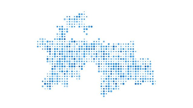 Tajikistan dotted digital map. Map of Tajikistan with pulsating colored circles. Shape of the country filled with blue disks. Beautiful video.