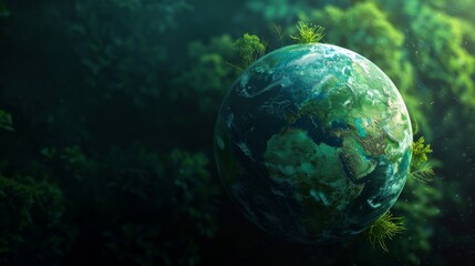 Globe, ecosystem, green planet, bright, hyper realistic, dark background.