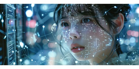 Beautiful girl with extremely delicate and complex mechanics on her face, a city in reflection, surrounded by holographic data visualizations of various technological concepts.