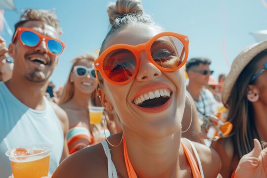 Beautiful young woman having fun at colourful music festival. Happy girl enjoying herself and dancing. Summer holiday, vacation concept.