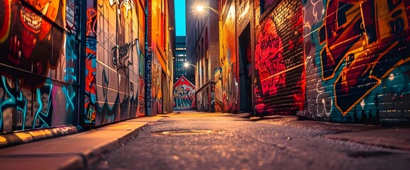 Vibrant graffiti art in warm hues covers city walls,Graffiti,Art,Generative AI
