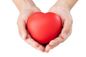 close up hands holding and giving a red heart on white.