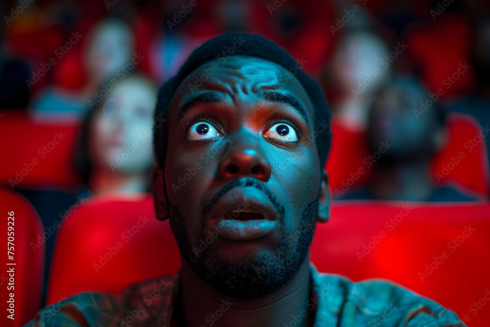 Poster a man with a surprised expression on his face is sitting in a red chair. he is looking at something 