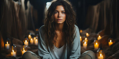 A young woman sits on a bed in a room, her face expressing sadness and despair
 - obrazy, fototapety, plakaty
