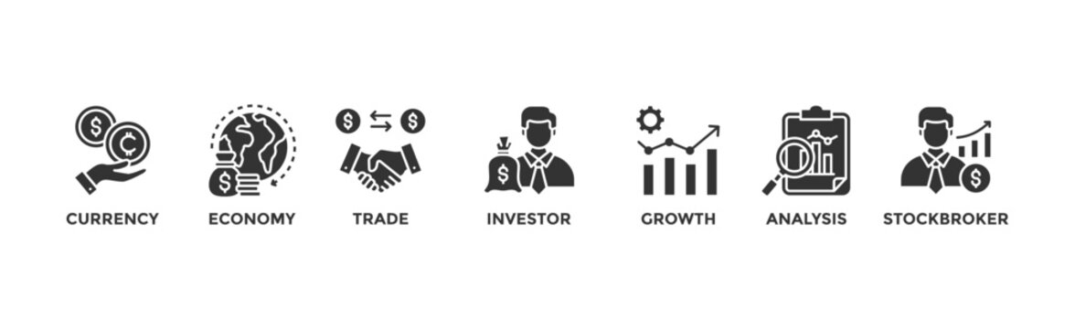 Forex banner web icon vector illustration concept with icon of currency, economy, trade, investor, growth, analysis and stockbroker	