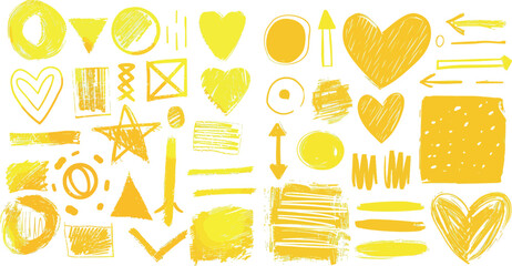 Bright yellow marker different shapes. Hand drawn dotted and wavy arrows and lines