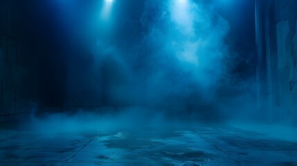 Dark Blue Foggy Room with Cinematic Spotlighting - Dramatic Backdrop for Advertising - obrazy, fototapety, plakaty