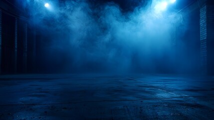 Dark Blue Foggy Industrial Room Atmospheric Space for Product Presentation