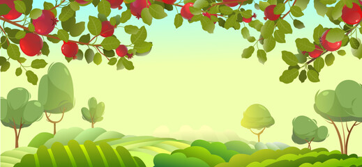 Pomegranate fruit. Garden landscape. Rural meadows and plants. Cartoon fun style Illustration vector