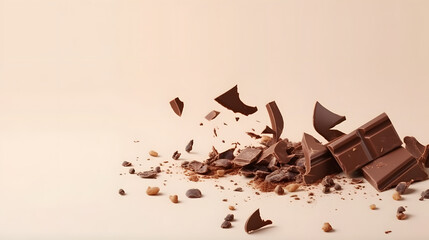 Broken chocolate bar pieces falling on white beige background. Banner design with space for text