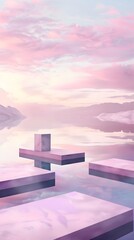 Pastel Sunset Sky Stage Minimalist Floating Cube Podiums in Open Space Above Calm Lake and Distant Mountains