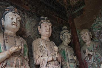 Fototapeta na wymiar Statues at Maijishan Grottoes, Tianshui City, Gansu Province, China