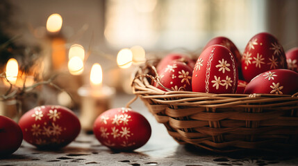 Photo of Greek Orthodox Easter celebration, traditional red eggs decorated with white patterns.