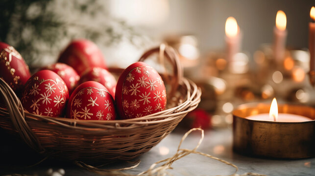 Photo of Greek Orthodox Easter celebration, traditional red eggs decorated with white patterns.