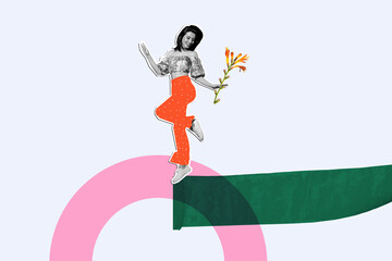 Photo picture collage of beautiful woman dancing with fresh flowers chilling at holiday birthday...