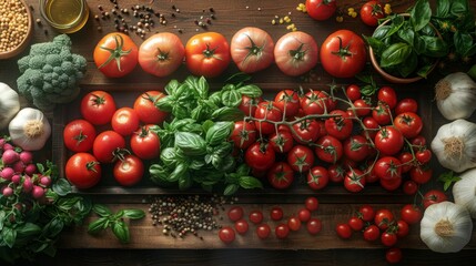 Fresh ingredients for the perfect Italian dish. Tomatoes, basil, and garlic on the kitchen table.