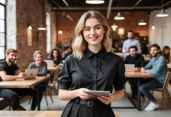 A smiling woman in a black shirt stands in a team meeting environment. She's holding a digital tablet. - obrazy, fototapety, plakaty