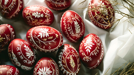 Photo of Greek Orthodox Easter celebration, traditional red eggs decorated with white patterns.