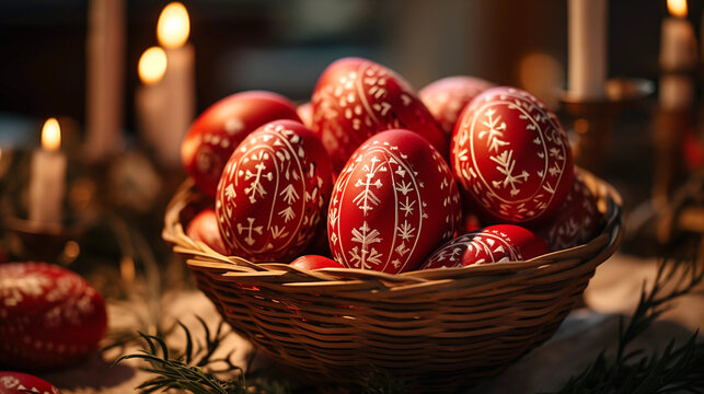 Photo of Greek Orthodox Easter celebration, traditional red eggs decorated with white patterns.