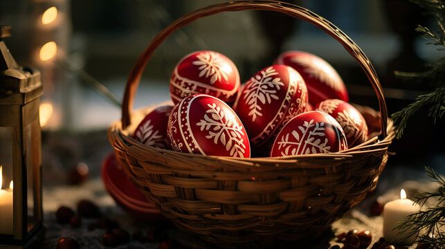 Photo of Greek Orthodox Easter celebration, traditional red eggs decorated with white patterns.