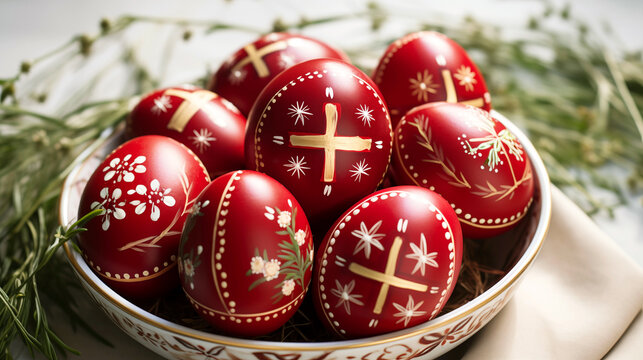 Photo of Greek Orthodox Easter celebration, traditional red eggs decorated with white patterns.