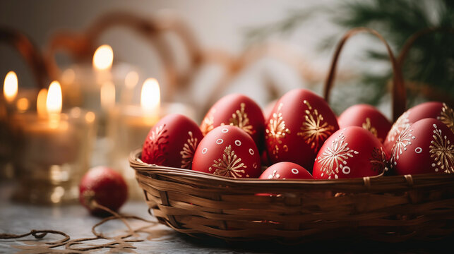 Photo of Greek Orthodox Easter celebration, traditional red eggs decorated with white patterns.