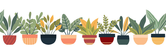Vector seamless cozy border with house plants in various pots isolated from background. Horizontal frieze with flat illustration - obrazy, fototapety, plakaty