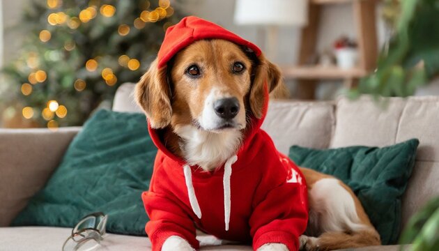 Solo Snuggles: Alone at Home, Dog Lounges in a Warm Red Hoodie on the Couch"