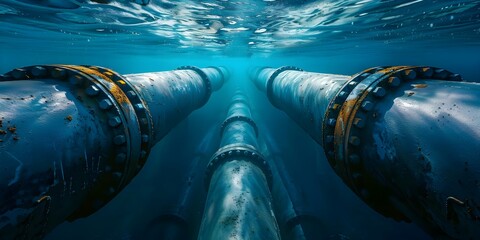 Deep sea pipelines carry oil and gas underwater in this industry stock photo. Concept Oil Industry, Underwater Pipelines, Deep Sea, Offshore, Stock Photo - obrazy, fototapety, plakaty