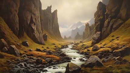 Convey the hidden drama of Rainbow Canyon with a focus on dark white and brown, employing a color field painter's perspective - Powered by Adobe