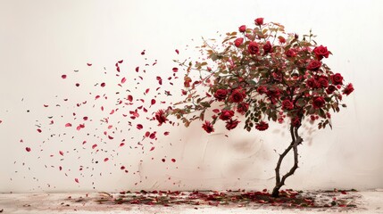 Professional photograph of falling roses with a white wall on the background. 