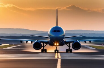 Sunset view of airplane on airport runway under sky. Aviation technology and world travel concept. 