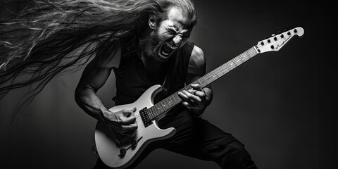 Obraz premium In a whirlwind of sound and fury, a heavy metal guitarist commands attention with their aggressive playing and commanding stage presence