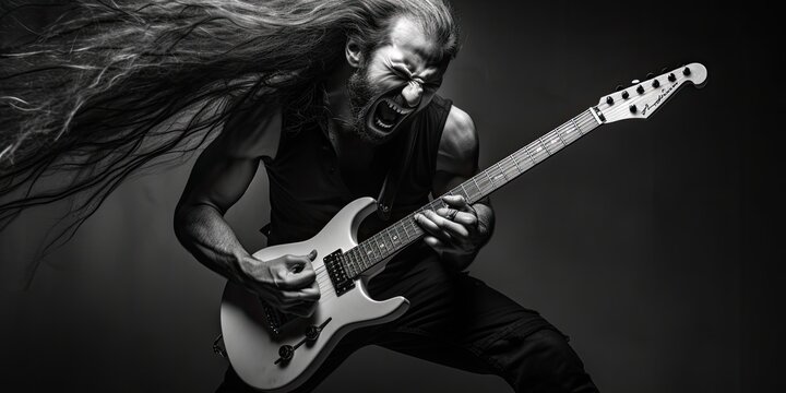 In a whirlwind of sound and fury, a heavy metal guitarist commands attention with their aggressive playing and commanding stage presence
