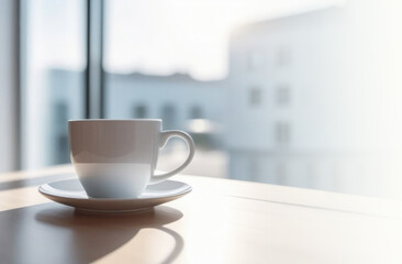 White copyspace cup.  Cup in light interior on the table