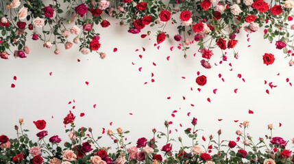 Professional photograph of falling roses with a white wall on the background. 