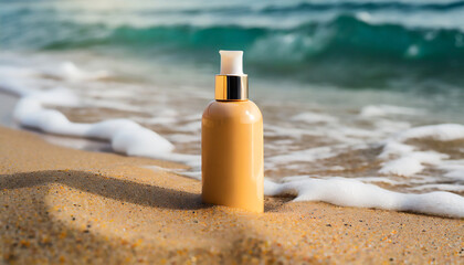 Cosmetic Product Bottle on the Sand Covering with Sea Wave