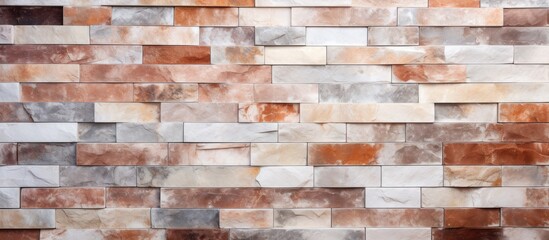 A closeup of a brick wall with a pattern of different colored rectangular bricks. The brown bricks contrast with the wood flooring, creating a striking building material font in the brickwork