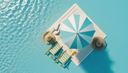 Top View Beach Umbrella with Chairs and Beach Accessories on Blue
