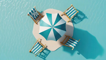 Top View Beach Umbrella with Chairs and Beach Accessories on Blue