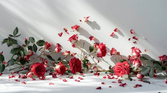 Professional photograph of falling roses with a white wall on the background. 